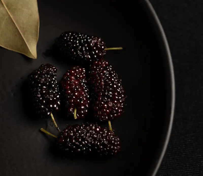 Black mulberries on a dark plate