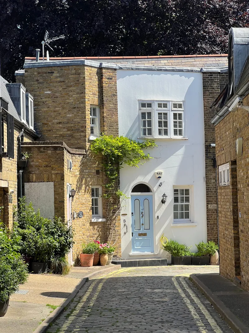 A mews house with a pale blue door and climbing plants